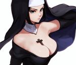  1girl alternate_costume arm_up bare_shoulders black_gloves black_hair blue_eyes breasts cleavage closed_mouth elbow_gloves gloves habit highres large_breasts nico_robin nun off_shoulder one_piece shiny_skin short_hair smile solo vivian_opart 