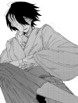  0911hy 1boy black_hair closed_mouth commentary dutch_angle from_below glasses hair_over_one_eye hand_on_own_face highres itoshiki_nozomu japanese_clothes kimono long_sleeves monochrome sayonara_zetsubou_sensei short_hair simple_background solo white_background 