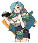 1girl :d aqua_hair armor binoculars bow braid breastplate breasts chloe_(fire_emblem) chocojax cleavage commentary covered_navel cropped_legs elbow_gloves fire_emblem fire_emblem_engage gloves green_eyes hair_bow hands_up highres holding holding_binoculars large_breasts long_hair open_mouth orange_bow shoulder_armor simple_background smile solo standing thighs very_long_hair white_background white_gloves 
