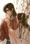  2boys ^_^ bishounen black_hair blurry blurry_foreground braid chinese_clothes closed_eyes eyelashes eyepatch fingernails food food_request hair_bun hair_ornament hand_up hanfu highres holding holding_food hua_cheng jewelry long_hair long_sleeves looking_at_another male_focus mandarin_collar multiple_boys necklace one_eye_covered open_mouth parted_bangs parted_lips robe side_braid sidelocks single_braid single_hair_bun smile tantanmokou tianguan_cifu white_background white_robe wide_sleeves xie_lian 