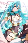  1girl absurdres aqua_hair breasts chloe_(fire_emblem) cleavage closed_mouth covered_navel fire_emblem fire_emblem_engage garter_straps green_eyes hair_between_eyes highres holding holding_polearm holding_weapon large_breasts long_hair polearm riding risumi_(taka-fallcherryblossom) single_bare_shoulder solo thighhighs very_long_hair weapon 