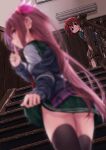  2girls black_jacket black_thighhighs blurry closed_mouth depth_of_field green_skirt hair_ornament hairclip highres jacket kantai_collection kisaragi_(kancolle) kisaragi_kai_ni_(kancolle) long_hair long_sleeves multiple_girls mutsuki_(kancolle) mutsuki_kai_ni_(kancolle) pleated_skirt purple_eyes purple_hair red_hair school_uniform serafuku short_hair skirt smile stairs thighhighs zombie_mogura 