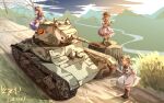  3girls absurdres blonde_hair blue_bow blue_dress bow brown_hair caterpillar_tracks chinese_commentary closed_mouth cloud commentary_request dated dress full_body hair_bow highres long_hair looking_at_viewer luna_child military military_vehicle motor_vehicle mountainous_horizon multiple_girls orange_hair outdoors pzgr.40 river signature sky star_sapphire sunny_milk t-26 tank touhou two_side_up white_dress wings yellow_eyes 