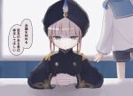  2boys backlighting black_coat black_headwear black_shorts blue_hair blue_sailor_collar blunt_bangs blurry blurry_background brown_hair buttons captain_nemo_(fate) coat commentary_request elbows_on_table epaulettes fate/grand_order fate_(series) gold_trim gradient_hair green_eyes hat_feather high_collar highres indoors long_hair long_sleeves looking_at_viewer low_twintails marine_nemo_(fate) multicolored_hair multiple_boys nemo_(fate) open_mouth overexposure own_hands_clasped own_hands_together sailor_collar saitoh_michiru shirt shorts sidelocks sitting standing straight-on table translated turban twintails white_shirt window 