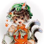  1girl 3rhjeo :3 :d animal_ear_fluff animal_ears blush bow bowtie brown_hair cat_ears cat_tail chen commentary_request earrings fang gold_trim hair_between_eyes hand_up hat highres jewelry long_sleeves mob_cap multiple_tails nekomata open_mouth paw_print puffy_long_sleeves puffy_sleeves red_eyes red_vest short_hair simple_background single_earring slit_pupils smile solo tail touhou traditional_media two_tails upper_body v-shaped_eyebrows vest white_background white_bow white_bowtie 