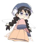  1girl alternate_costume black_hair braid fairy fairy_wings freckles grey_headwear kirby_(series) kirby_64 purple_eyes rasu_(pixiv9799832) ripple_star_queen round_eyewear simple_background skirt sleeves_past_fingers sleeves_past_wrists smile solo twin_braids white_background wings 