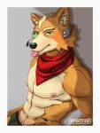  abs anthro canid canine canis clothing fox fox_mccloud hair looking_at_viewer male mammal microphone muscular muscular_anthro muscular_male neckerchief nintendo rennzoar shirtless simple_background solo star_fox tongue tongue_out 