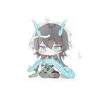  1boy black_hair closed_mouth dan_heng_(honkai:_star_rail) dan_heng_(imbibitor_lunae)_(honkai:_star_rail) dragon_boy dragon_horns dragon_tail earrings green_eyes green_horns grey_pants highres honkai:_star_rail honkai_(series) horns jewelry kneeling long_hair male_focus mokyuko on_floor pants pointy_ears red_eyeliner simple_background single_earring solo tail white_background 