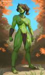  1girl artist_name autumn_leaves barefoot blue_sky colored_skin day english_commentary fangs fantasy female_orc full_body grass green_skin highres jewelry loincloth looking_at_viewer marmalade_mum monster monster_girl muscular necklace orc original outdoors sky solo topless tusks 