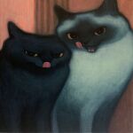  animal animal_focus black_cat cat closed_mouth fangs highres karin_hosono licking_lips looking_at_viewer no_humans oil_painting_(medium) open_mouth original painting_(medium) siamese_cat sitting tongue tongue_out traditional_media upper_body yellow_eyes 