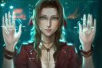  1girl aerith_gainsborough bangle blurry blurry_background bracelet brown_hair character_name choker dialogue_box dress final_fantasy final_fantasy_vii final_fantasy_vii_remake flower_choker green_eyes hair_ribbon hands_up highres jacket jewelry long_hair looking_at_viewer parted_bangs parted_lips pink_dress pink_ribbon ragecndy red_jacket ribbon short_sleeves sidelocks smile solo upper_body 