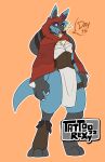  anthro blue_body cape clothing english_text female generation_4_pokemon hi_res hoodie legwear lucario nintendo orange_background pokemon pokemon_(species) purple_eyes red_clothing red_hoodie red_topwear simple_background solo spikes spikes_(anatomy) tail tattoorexy text topwear 