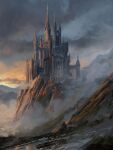  absurdres architecture building castle cloud cloudy_sky critical_role dark_clouds dawn english_commentary fantasy fog grass highres hill idrawbagman landscape mountain no_humans outdoors puddle scenery sky spire sunrise tower 