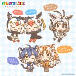  5girls animal_ears arabian_oryx_(kemono_friends) atlantic_puffin_(kemono_friends) bird_girl bird_tail bird_wings black_hair blonde_hair blue_hair extra_ears feathered_wings full_body gazelle_ears gazelle_tail golden_tabby_tiger_(kemono_friends) grey_hair head_wings highres kemono_friends kemono_friends_pavilion long_hair maltese_tiger_(kemono_friends) multicolored_hair multiple_girls official_art short_hair simple_background tail tiger_ears tiger_girl tiger_tail tufted_puffin_(kemono_friends) two-tone_hair white_hair wings 