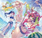  3girls album_cover beach bead_bracelet beads bikini blonde_hair blue_hair blue_sarong bracelet braid breasts breasts_apart brown_hair camera copyright_name cover day denim denim_shorts denonbu eyewear_on_head floral_print food fruit green_eyes green_scrunchie hair_between_eyes hair_ornament hairclip hidaka_reina_(denonbu) highres holding holding_camera holding_water_gun jacket jewelry kaito_(k4itoh) kayano_futaba long_hair midriff multiple_girls ocean official_art open_clothes open_jacket open_mouth orange_eyes outdoors palm_tree red_eyes sandals sarong scrunchie shinonome_kazune shorts side_ponytail smile star-shaped_pupils star_(symbol) sunglasses swimsuit symbol-shaped_pupils tree twin_braids underboob water_gun watermelon wavy_mouth wrist_scrunchie wristband 