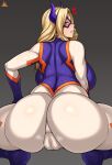  absurd_res big_breasts big_butt blonde_hair blush breasts butt crouching female hair hi_res horn horned_humanoid humanoid jmg looking_at_viewer looking_back looking_back_at_viewer mt._lady my_hero_academia not_furry solo 