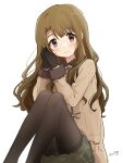  1girl absurdres black_gloves black_pantyhose blush breasts brown_coat brown_eyes brown_hair closed_mouth coat dot_nose gloves green_skirt hands_up highres idolmaster idolmaster_million_live! idolmaster_million_live!_theater_days knees_up long_hair looking_at_viewer medium_breasts miyao_miya nnnn own_hands_together pantyhose signature simple_background sitting skirt smile solo thick_eyebrows white_background 
