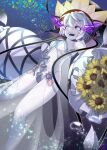  1girl absurdres black_sclera bouquet bubble colored_sclera colored_skin fate/grand_order fate_(series) flower hat highres ryofuhiko smile sunflower twitter_username underwater van_gogh_(fate) van_gogh_(third_ascension)_(fate) watermark white_eyes white_hair white_skin wide_sleeves 