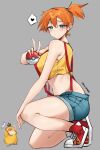  1girl absurdres bare_arms bare_legs bare_shoulders blue_eyes blush commentary crop_top denim denim_shorts grey_background heart highres holding holding_poke_ball kneeling looking_at_viewer midriff misty_(pokemon) orange_hair pinnn poke_ball pokemon pokemon_(creature) ponytail psyduck red_footwear shirt shoes short_shorts shorts simple_background sleeveless sleeveless_shirt sneakers suspenders symbol-only_commentary thighs v yellow_shirt 