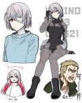  1boy 2girls 621_(armored_core_6) armored_core armored_core_6 ayre_(armored_core_6) bandage_on_face bandage_over_one_eye bandages breasts closed_mouth g5_iguazu_(armored_core_6) hair_between_eyes hand_up highres looking_at_viewer multicolored_hair multiple_girls red_eyes short_hair tsukinami_kousuke white_background 