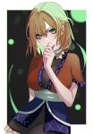  1girl arm_behind_back blonde_hair breasts closed_mouth frown green_eyes hair_between_eyes hand_on_own_chin hat_iue highres japanese_clothes large_breasts medium_hair mizuhashi_parsee short_sleeves solo standing touhou 