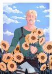  1boy absurdres belt blonde_hair feet_out_of_frame flower grin happy_birthday highres holding holding_flower male_focus pants reiner_braun shingeki_no_kyojin shirmir_art shirt short_hair sky smile solo sunflower three-dimensional_maneuver_gear 