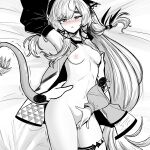  1girl arknights arm_up bee_(user_cwsv3353) blush breasts covering covering_crotch cowboy_shot detached_sleeves disembodied_limb greyscale half-closed_eyes highres jacket long_hair looking_at_viewer lying monochrome nipples nude on_back on_bed open_clothes open_jacket pussy pussy_peek sleeveless sleeveless_jacket small_breasts solo spot_color tail torso_grab trembling triangle_mouth weedy_(arknights) 