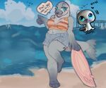  anthro anthrofied bald barefoot beach bottomwear breasts chubby_female clothing crop_top cutoffs denim denim_clothing feet female fin hasbro hi_res hindpaw littlest_pet_shop lps_342 mammal marine paws pinniped sea seal seaside shirt shorts sleeqykitten solo surfboard tail tail_fin topwear water 