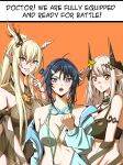  3girls absurdres ahoge arknights bare_shoulders bikini black_bikini black_hair black_one-piece_swimsuit blonde_hair blue_bikini blue_jacket breasts cleavage clenched_hand commentary goggles goggles_around_neck grin hair_between_eyes hair_intakes hand_up highres horns jacket la_pluma_(arknights) la_pluma_(summer_flowers)_(arknights) large_breasts long_hair looking_at_viewer mudrock_(arknights) mudrock_(silent_night)_(arknights) multiple_girls navel off_shoulder official_alternate_costume one-piece_swimsuit open_clothes open_jacket open_mouth orange_background orange_eyes pointy_ears red_eyes shining_(arknights) shining_(silent_night)_(arknights) simple_background smile stomach swimsuit symmetricturd upper_body very_long_hair white_hair 