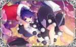  black_dress blue_eyes book card_(medium) doremy_sweet dress falling frilled_socks frills hat holding holding_clothes holding_hat night night_sky nightcap official_art pom_pom_(clothes) red_headwear short_hair sky socks star_(sky) starry_background starry_sky tail takamiya_ren tapir_tail touhou touhou_cannonball two-tone_dress very_short_hair white_dress white_socks 