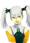  1girl breasts detached_sleeves dyer_san_love green_eyes highres long_hair looking_at_viewer open_mouth piercing simple_background smile solo tolone_(xenogears) tongue_piercing twintails white_background white_hair xenogears 