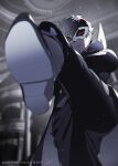  1boy amamiya_ren black_coat black_pants blurry blurry_background blurry_foreground btmr_game closed_mouth coat crossed_arms eye_mask hair_between_eyes high_collar highres kicking kicking_at_viewer looking_at_viewer male_focus mask pants persona persona_5 red_eyes signature solo twitter_username white_mask 