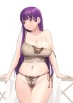  1girl blunt_bangs breasts camisole collarbone covered_nipples facing_viewer fern_(sousou_no_frieren) highres huge_breasts long_hair looking_to_the_side navel panties purple_eyes purple_hair shiroi_ume side-tie_panties simple_background solo sousou_no_frieren stomach strap_slip underwear very_long_hair white_background 