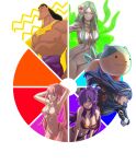  1boy 4girls absurdres animal armpits arms_up bare_shoulders bikini blue_dress blue_hair blue_shirt breasts cleavage color_wheel_challenge commentary dress english_commentary fire_emblem fire_emblem:_three_houses fire_emblem_engage fire_emblem_warriors:_three_hopes flower green_eyes green_hair hair_flower hair_ornament highres hilda_valentine_goneril kronk large_breasts long_hair lucina_(fire_emblem) multiple_girls navel pink_hair pomelomelon purple_eyes purple_hair rhea_(fire_emblem) rhea_(summer)_(fire_emblem) shez_(female)_(fire_emblem) shez_(fire_emblem) shirt simple_background sleeveless sleeveless_shirt sommie_(fire_emblem) stomach swimsuit the_emperor&#039;s_new_groove tiara twintails white_background white_bikini white_flower 