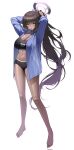  1girl absurdres alternate_costume arm_behind_head arms_up bare_legs barefoot black_hair blue_archive blue_shirt breasts cleavage closed_mouth dark-skinned_female dark_skin expressionless full_body halo high_ponytail highres karin_(blue_archive) large_breasts long_hair looking_at_viewer multicolored_hair navel sbgu shirt sidelocks simple_background solo standing toes two-tone_hair unbuttoned unbuttoned_shirt very_long_hair white_background yellow_eyes 