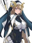  1girl armored_bodysuit black_gloves blonde_hair blue_eyes blush bodysuit braid breasts dress gloves goddess_of_victory:_nikke habit highres holding holding_staff large_breasts long_hair looking_at_viewer nun peli_cantaro rapunzel_(nikke) solo staff standing very_long_hair 