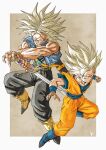  2boys belt black_pants blonde_hair blue_footwear boots denim_vest dragon_ball green_eyes highres holding holding_sword holding_weapon jumpsuit kakeru_(dbskakeru) looking_at_viewer multiple_boys open_clothes open_vest orange_jumpsuit pants simple_background sleeveless son_gohan spiked_hair super_saiyan sword toriyama_akira_(style) trunks_(dragon_ball) trunks_(future)_(dragon_ball) vest weapon 