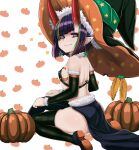 1girl b.d bare_shoulders black_headwear bob_cut breasts eyeliner fate/grand_order fate_(series) halloween_costume hat highres horns looking_at_viewer makeup oni oni_horns pointy_ears pumpkin purple_eyes purple_hair short_hair shuten_douji_(fate) skin-covered_horns small_breasts smile solo witch_hat 