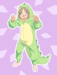  +_+ 1girl :d barefoot brown_hair colored_inner_hair commentary dinosaur_costume fang full_body green_eyes gustavo_schuler highres hood hood_up light_blush long_sleeves looking_at_viewer multicolored_hair oka_asahi onesie onii-chan_wa_oshimai! open_mouth orange_hair outline purple_background simple_background smile solo two-tone_hair v-shaped_eyebrows white_outline zipper_pull_tab 