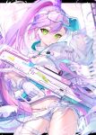  1girl absurdres assault_rifle blue_gloves breasts cleavage demon_tail demon_wings gloves green_eyes gun highres holding holding_gun holding_weapon hololive looking_at_viewer multicolored_hair official_alternate_costume pink_hair piyokuma ponytail purple_hair rifle see-through see-through_sleeves short_shorts shorts small_breasts streaked_hair tail tokoyami_towa tokoyami_towa_(5th_costume) two-sided_gloves virtual_youtuber weapon white_gloves white_shrug wings 