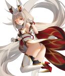  1girl ;d absurdres animal_ear_fluff animal_ears ass bare_shoulders blunt_bangs breasts cat_ears coattails detached_sleeves eol_9 gloves grey_hair high_heels highres leg_up leotard long_hair long_sleeves looking_at_viewer low_twintails medium_breasts nia_(blade)_(xenoblade) nia_(xenoblade) one_eye_closed open_mouth paw_pose red_footwear simple_background smile solo standing standing_on_one_leg thighhighs twintails very_long_hair white_background white_gloves white_leotard white_thighhighs wide_sleeves xenoblade_chronicles_(series) xenoblade_chronicles_2 yellow_eyes 