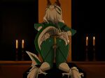  2019 anthro antlers bdsm biped bondage bound butt candle digital_media_(artwork) female green_body green_scales hair horn lit_candle long_hair scales scalie sella shaded solo white_hair zyira 