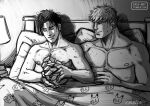  ._. 2boys bad_id bad_tumblr_id bara bed bedroom black_hair blonde_hair chest_hair collarbone couple cris_art greyscale holding hulkling male_focus marvel monochrome multiple_boys nervous_sweating nipples nude on_bed pectorals pikachu pikachu_print shared_blanket short_hair sideburns smile sweat thick_eyebrows upper_body wiccan yaoi 