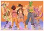  5boys abs absurdres alternate_costume animal_ear_piercing antennae beerus belt black_hair black_jacket blue_pants border brown_belt bubble_blowing clothes_around_waist clothes_writing collarbone colored_skin dragon_ball earrings english_commentary floating food furry green_skin hand_on_own_hip highres holding holding_food holding_ice_cream holding_ice_cream_cone ice_cream ice_cream_cone jacket jacket_around_waist jewelry liauditore long_sleeves male_focus midriff multiple_boys orange_footwear orange_vest pants piccolo pink_shirt red_shirt reflective_floor shirt socks son_goku spiked_hair striped striped_shirt vegeta vest white_border white_footwear white_shirt white_socks yellow_pants yellow_shirt zamasu 