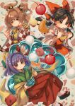  3girls apron bell black_hair blush bow brown_eyes brown_hair checkered_clothes checkered_kimono flower food frilled_skirt frills fruit green_kimono hair_bell hair_bow hair_flower hair_ornament hair_tubes hakama hakurei_reimu hieda_no_akyuu highres holding holding_spoon japanese_clothes jingle_bell kimono long_hair long_sleeves matsukuzu motoori_kosuzu multiple_girls purple_eyes purple_hair red_bow red_hakama red_skirt red_vest short_hair sidelocks skirt spoon touhou two_side_up vest watermark white_flower wide_sleeves yellow_apron 