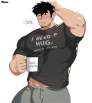  1boy abs bara beard black_hair bulge clothes_writing cowboy_shot cup dad_mug facial_hair hand_on_own_head highres hiro_(taco) holding holding_cup large_pectorals long_sideburns male_focus midriff_peek mug muscular muscular_male mustache nipples original pants pectorals scribble short_hair sideburns sleepy solo stomach taco_(el_tacc0) thick_eyebrows thick_thighs thighs topless_male track_pants 