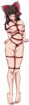  1girl arms_behind_back bdsm blush bondage bound bow breasts brown_eyes brown_hair closed_mouth commentary_request completely_nude crotch_rope frilled_bow frilled_hair_tubes frills full_body hair_bow hair_tubes hakurei_reimu heel_up highres long_hair looking_at_viewer medium_breasts navel nipples nose_blush nude ootsuki_wataru pussy red_bow red_rope rope shibari shiny_skin simple_background solo standing touhou transparent_background wavy_mouth 