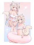  2girls absurdres airenif animal_ear_fluff animal_ears bandaid_hair_ornament bikini blonde_hair blue_background blue_eyes blue_hair blue_hairband border breasts closed_mouth collarbone commentary crossed_bangs dog_ears dog_girl dog_tail double-parted_bangs fake_horns flat_chest frilled_bikini frills fuwawa_abyssgard gradient_background hair_between_eyes hair_intakes hair_ornament hairband hairclip highres hololive hololive_english horns large_breasts leaning_forward long_hair looking_at_viewer mococo_abyssgard multicolored_hair multiple_girls navel off-shoulder_bikini off_shoulder open_mouth outside_border pink_background pink_eyes pink_hair pink_innertube seiza short_hair siblings sitting standing streaked_hair swimsuit tail thigh_gap twins two_side_up very_long_hair virtual_youtuber white_bikini white_border x_hair_ornament 