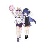  2girls :d :o aged_down ahoge arm_up bare_legs beret black_footwear black_headwear breasts chinese_commentary collar colored_inner_hair eyewear_on_head hand_on_headwear hat hetare_mizu highres homu_(honkai_impact) honkai_(series) honkai_impact_3rd jewelry kiana_kaslana kiana_kaslana_(herrscher_of_finality) long_sleeves multicolored_footwear multicolored_hair multiple_girls necklace open_clothes open_mouth raiden_mei raiden_mei_(herrscher_of_origin) shirt shorts simple_background small_breasts smile standing star-shaped_pupils star_(symbol) symbol-shaped_pupils twitter_username walking white_background white_hair white_shirt white_sleeves yellow_headwear 