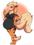  anthro arcanine belly big_belly big_breasts breasts canid canine digital_drawing_(artwork) digital_media_(artwork) female freddymartin fredscloset fur generation_1_pokemon gesture hi_res hyper hyper_belly hyper_pregnancy looking_at_viewer mammal navel nintendo pokemon pokemon_(species) pregnant pregnant_female red_eyes simple_background slightly_chubby smile solo standing thick_thighs v_sign 